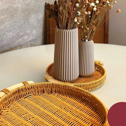 Kit Bandejas Decorativas Redondas em Rattan e Madeira Luxo – Mōva Decor