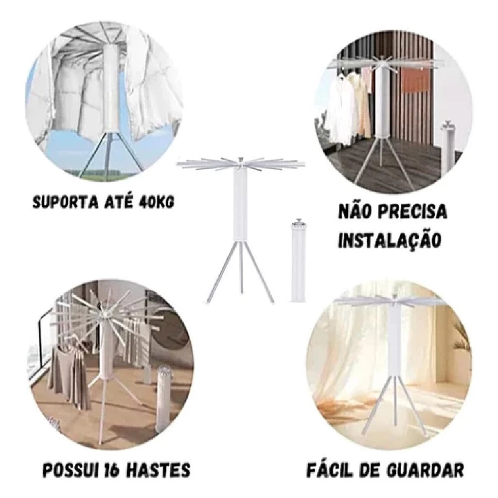 SpinDry Flex™ – Varal Dobrável Giratório de Chão com 16 Hastes em Aço Inox - Mōva Decor