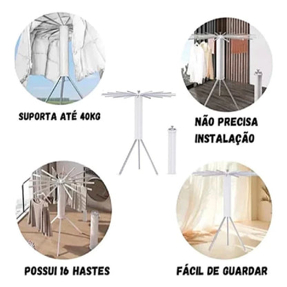 SpinDry Flex™ – Varal Dobrável Giratório de Chão com 16 Hastes em Aço Inox - Mōva Decor
