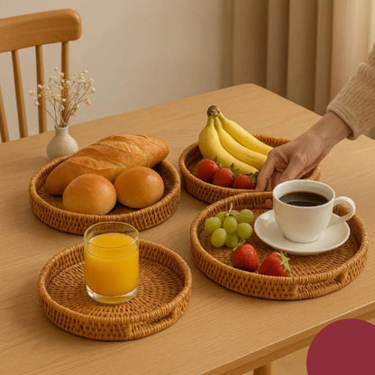 Kit Bandejas Decorativas Redondas em Rattan e Madeira Luxo – Mōva Decor
