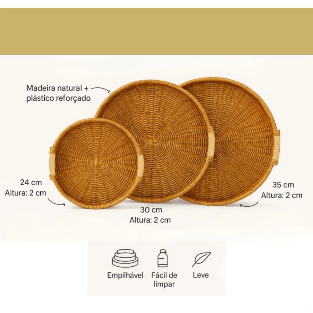 Kit Bandejas Decorativas Redondas em Rattan e Madeira Luxo – Mōva Decor