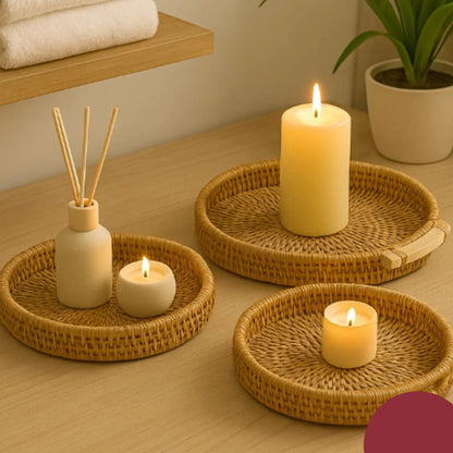 Kit Bandejas Decorativas Redondas em Rattan e Madeira Luxo – Mōva Decor