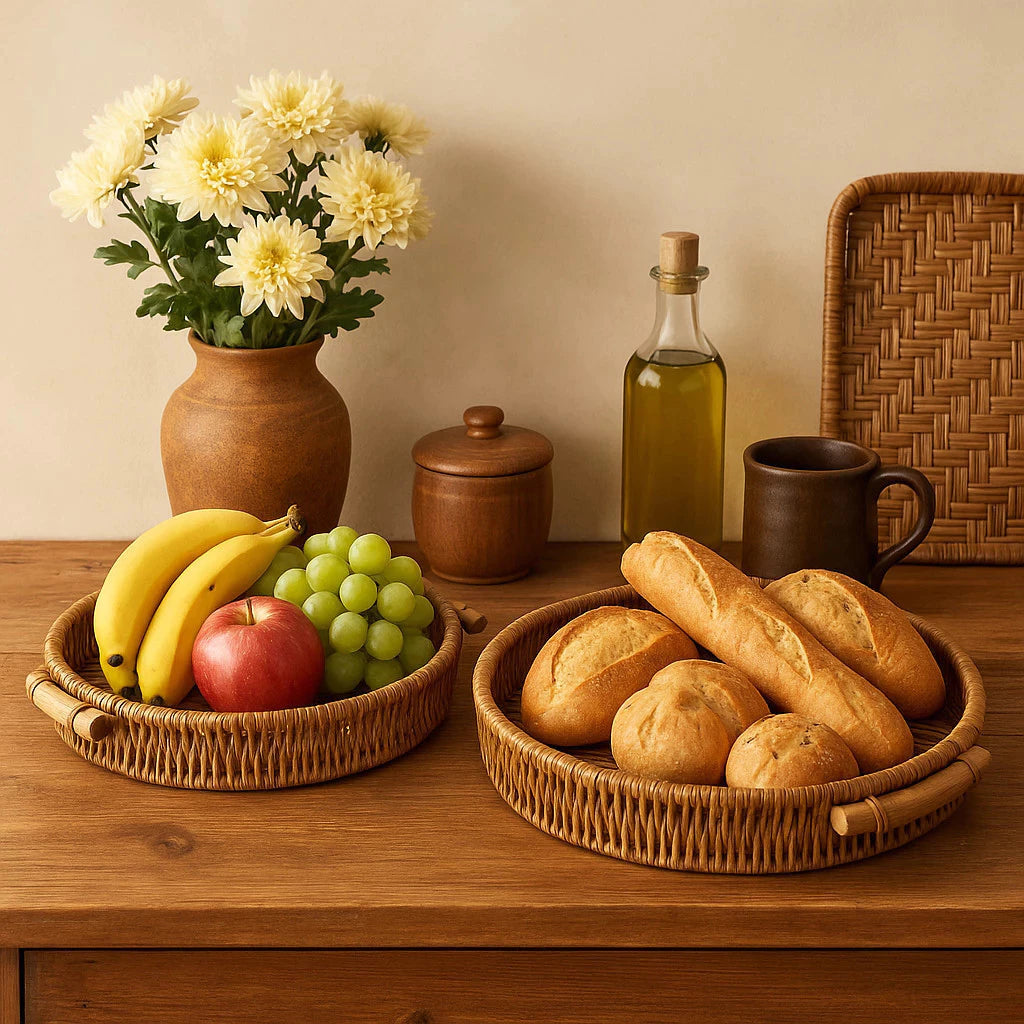 Kit Bandejas Decorativas Redondas em Rattan e Madeira Luxo – Mōva Decor