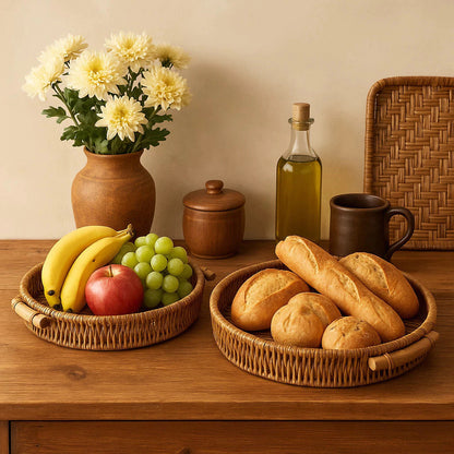 Kit Bandejas Decorativas Redondas em Rattan e Madeira Luxo – Mōva Decor