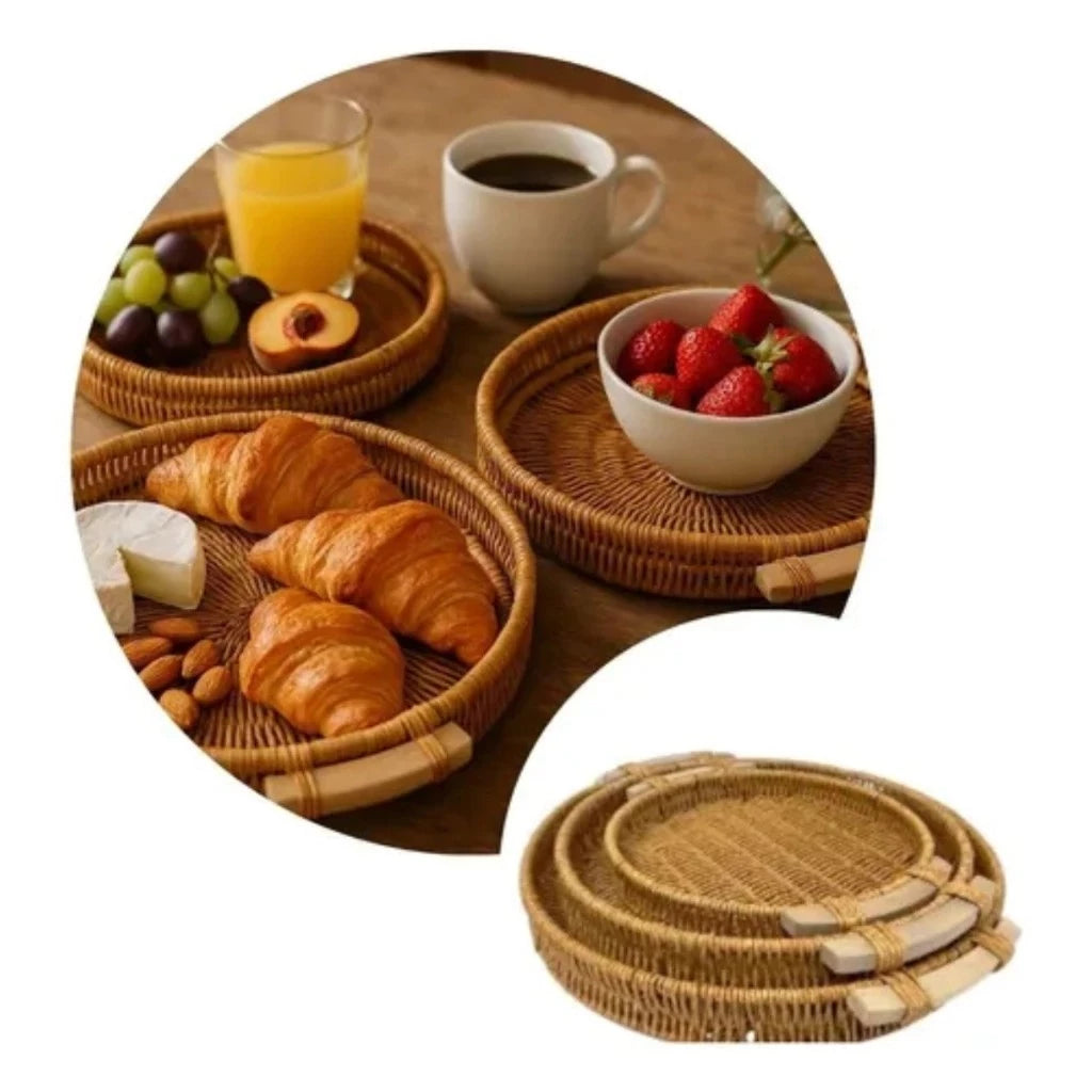 Kit Bandejas Decorativas Redondas em Rattan e Madeira Luxo – Mōva Decor