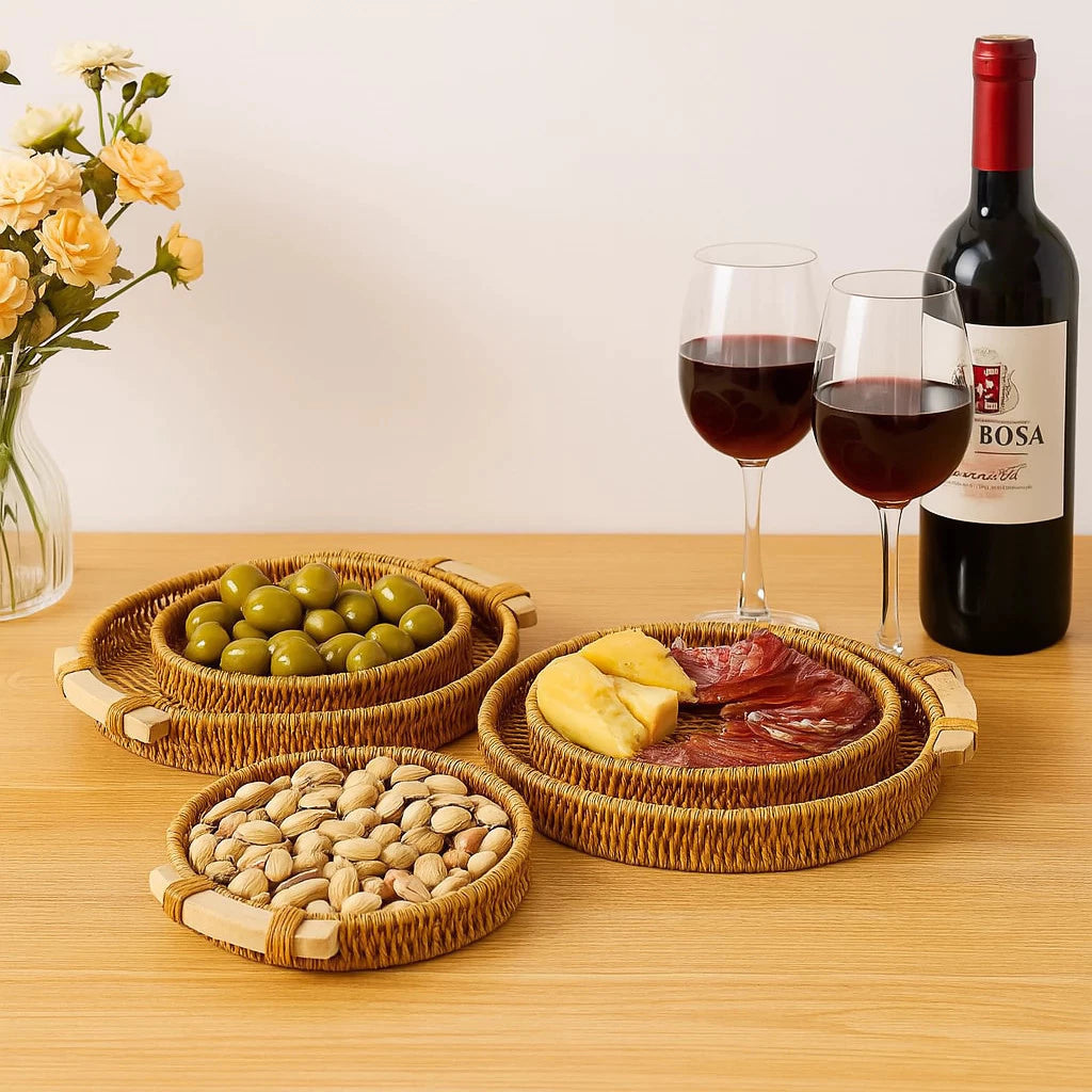 Kit Bandejas Decorativas Redondas em Rattan e Madeira Luxo – Mōva Decor