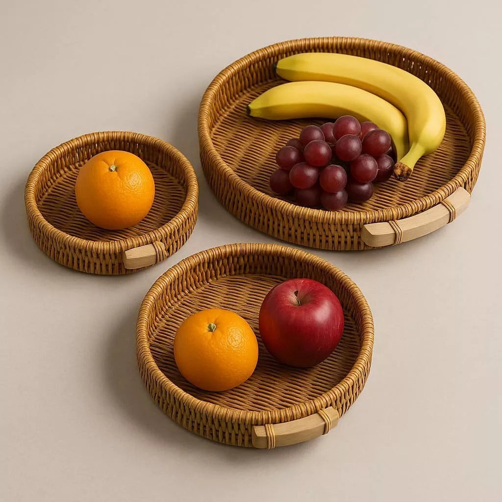 Kit Bandejas Decorativas Redondas em Rattan e Madeira Luxo – Mōva Decor