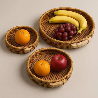 Kit Bandejas Decorativas Redondas em Rattan e Madeira Luxo – Mōva Decor