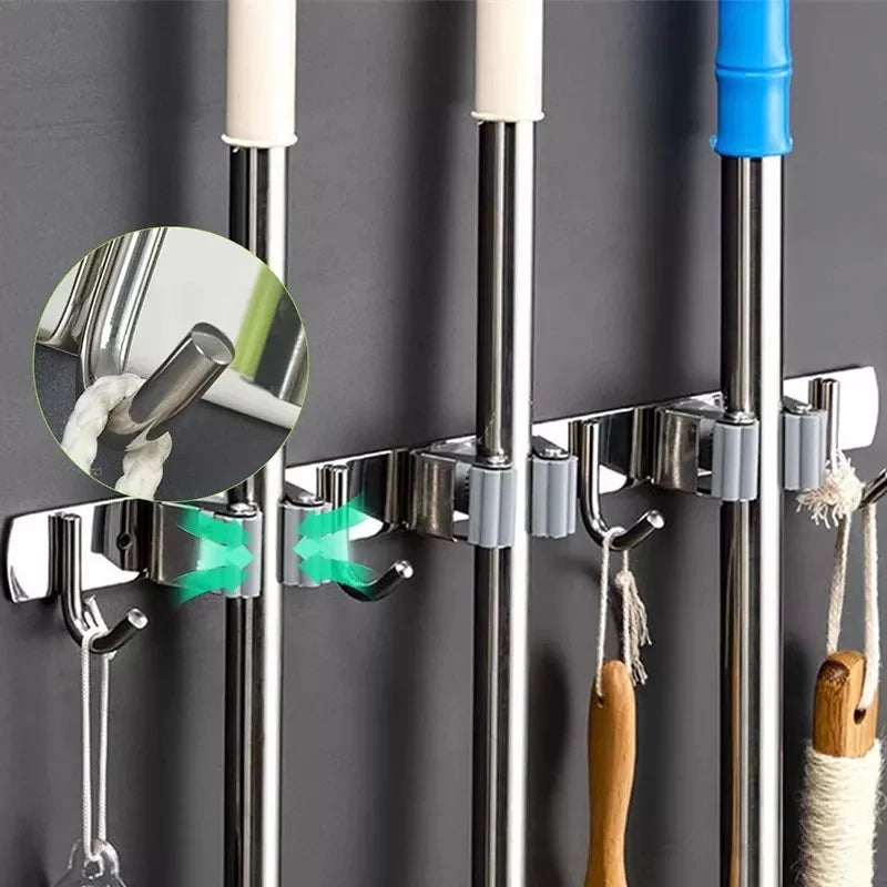 Organix Pro™ – Suporte de Parede Inox para Vassouras e Utensílios