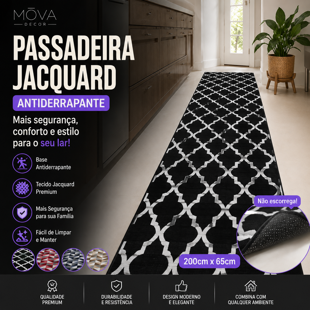 Tapete Passadeira Antiderrapante Jacquard Mōva — detalhe do acabamento | Mova Decor