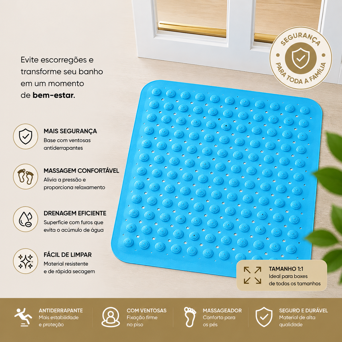 Tapete de banheiro quadrado Mōva, superfície em PVC que não absorve água