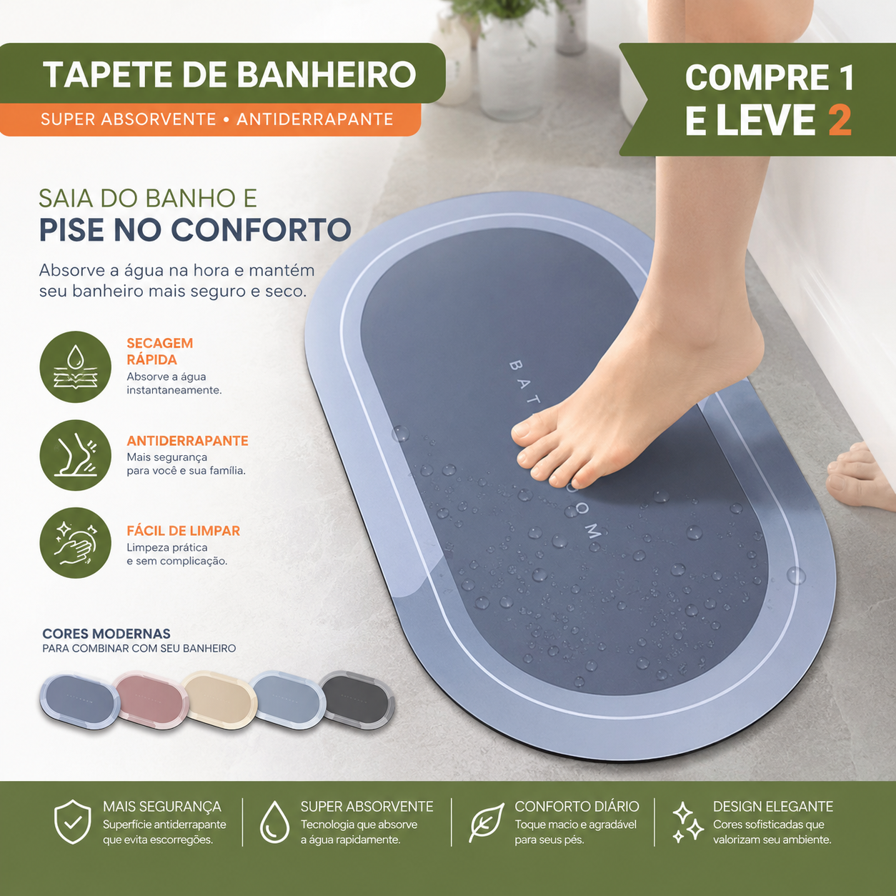 COMPRE 1 E LEVE 2: Tapete Super Absorvente Antiderrapante 40x60cm