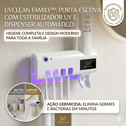 UVClean Family™ – Porta Escova com Esterilizador UV e Dispenser Automático