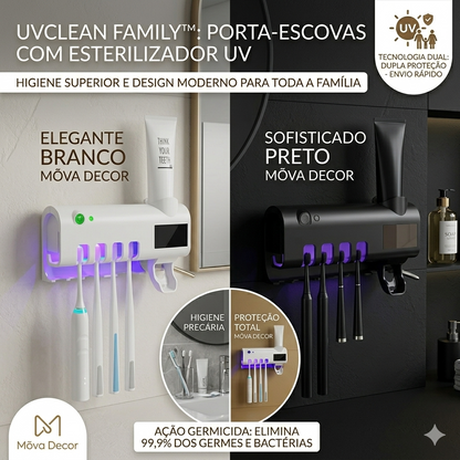UVClean Family™ – Porta Escova com Esterilizador UV e Dispenser Automático