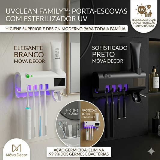 UVClean Family™ – Porta Escova com Esterilizador UV e Dispenser Automático