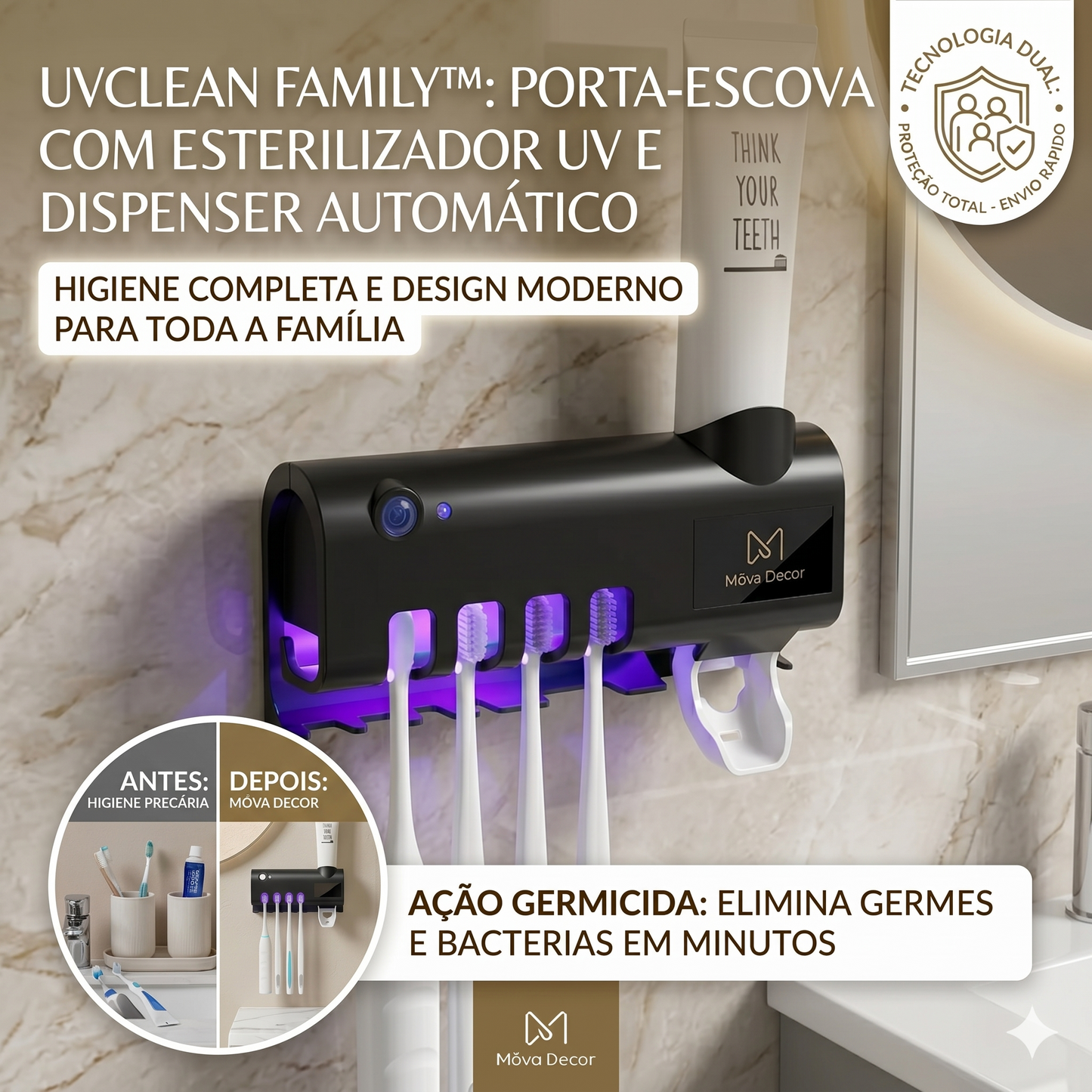 UVClean Family™ – Porta Escova com Esterilizador UV e Dispenser Automático